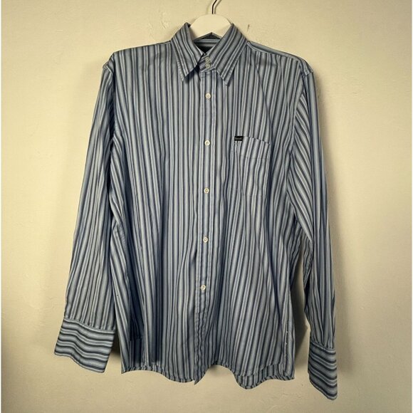 Faconnable Mens Long Sleeve Striped Button-Up Shirt Size Large Blue White Cotton - Picture 1 of 7